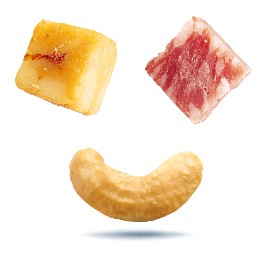 Cashew Cheese Meat positioned as a smiling face